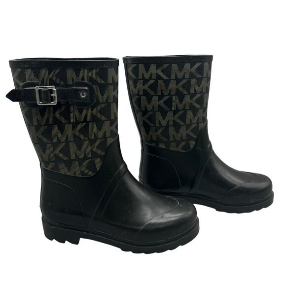 Michael Kors Women's Gold Logo Tall Rain Boots Wellies Black Buckle Boot Size 6 - Picture 1 of 10